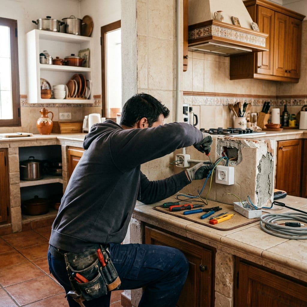 Electricista añadiendo enchufes nuevos en una cocina conectados al circuito existente