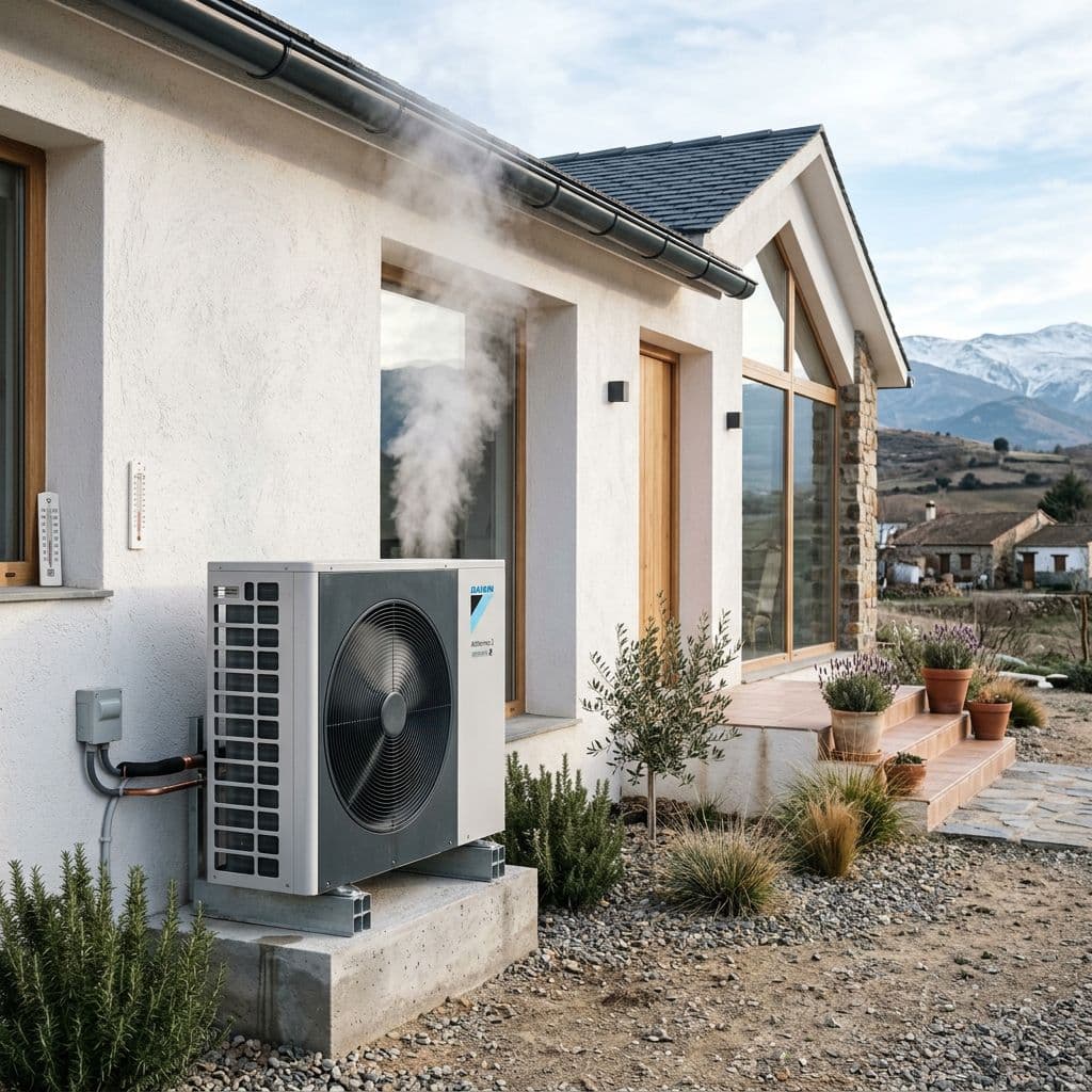 Bomba de calor de aerotermia funcionando de forma eficiente en una vivienda española