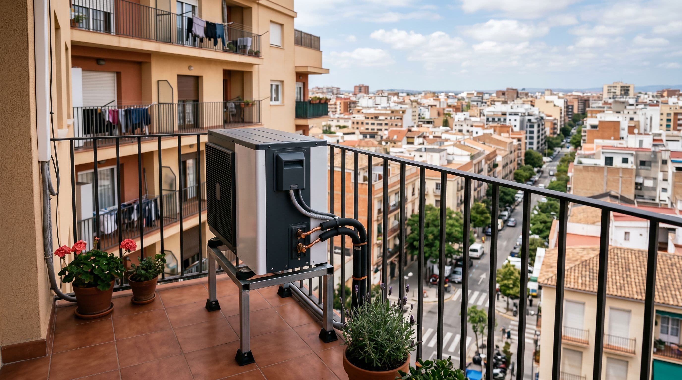Unidad exterior de aerotermia instalada en el balcón de un piso en un edificio de viviendas español.