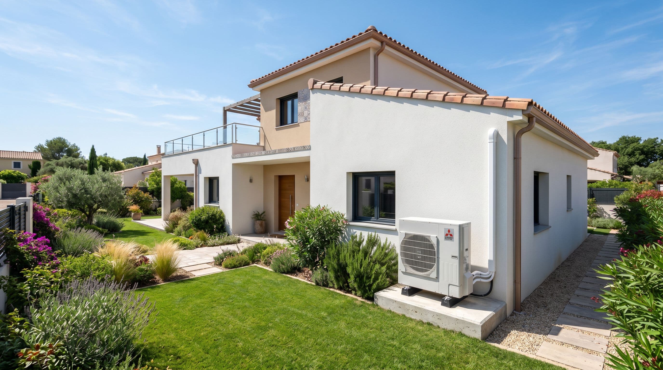 Unidad exterior de bomba de calor aerotérmica instalada junto a una vivienda unifamiliar española