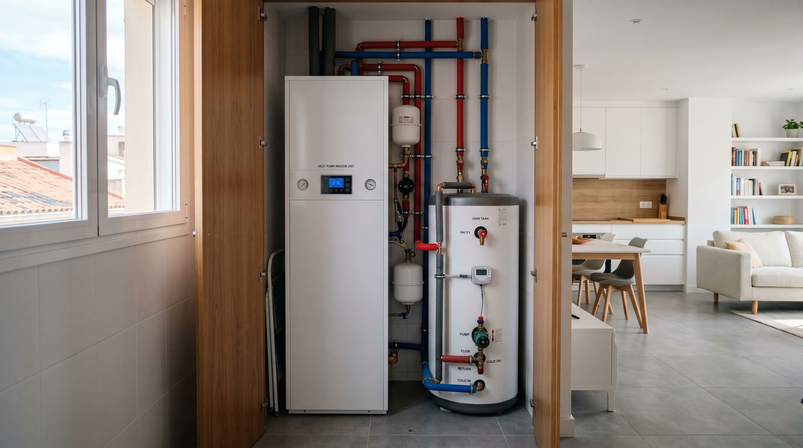 Equipo compacto de aerotermia instalado en un piso pequeño de 70 m²