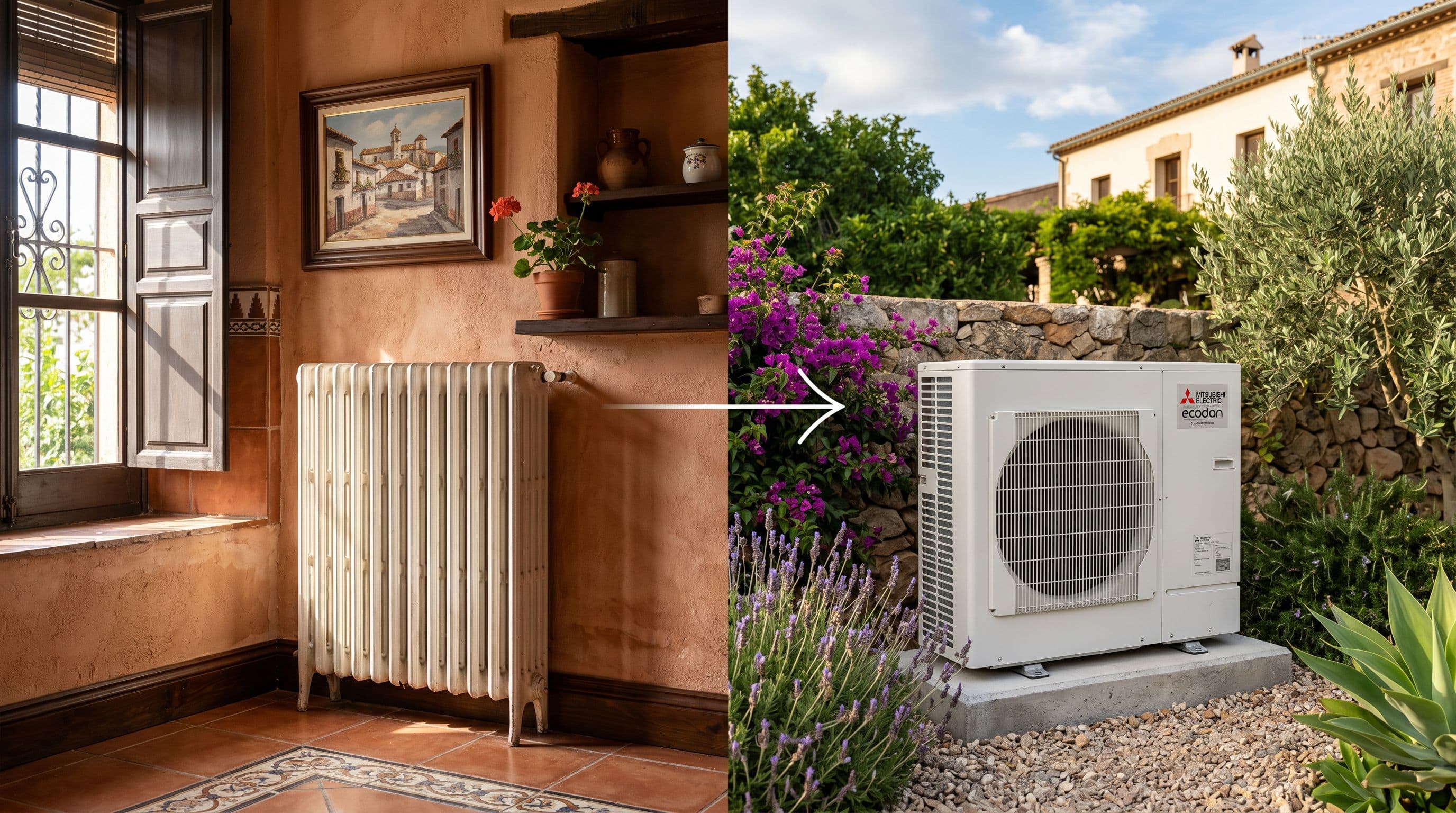 Radiador de hierro fundido antiguo compatible con una bomba de calor de aerotermia moderna