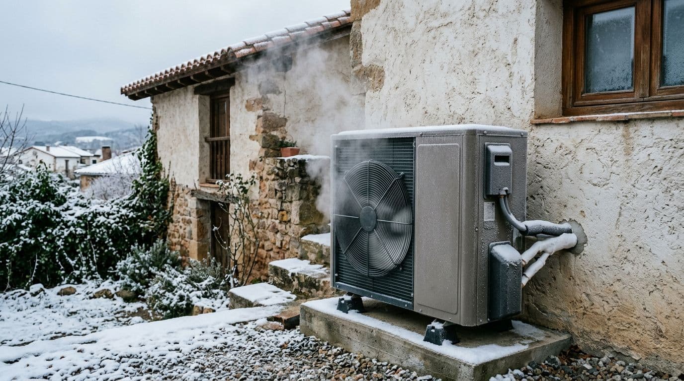 Unidad exterior de una bomba de calor de aerotermia funcionando con escarcha en un día de invierno.
