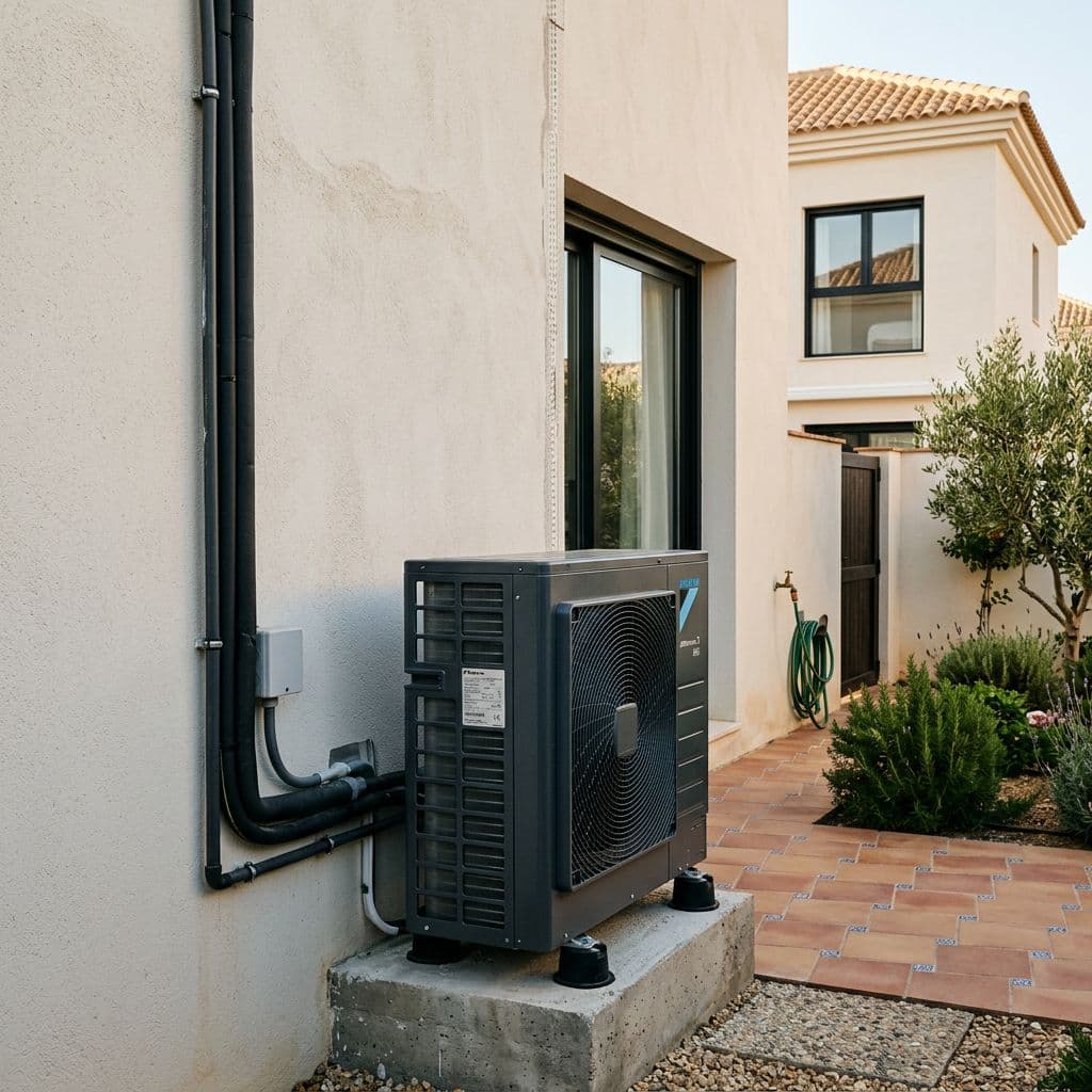 Unidad exterior de aerotermia instalada en una vivienda unifamiliar sin gas natural