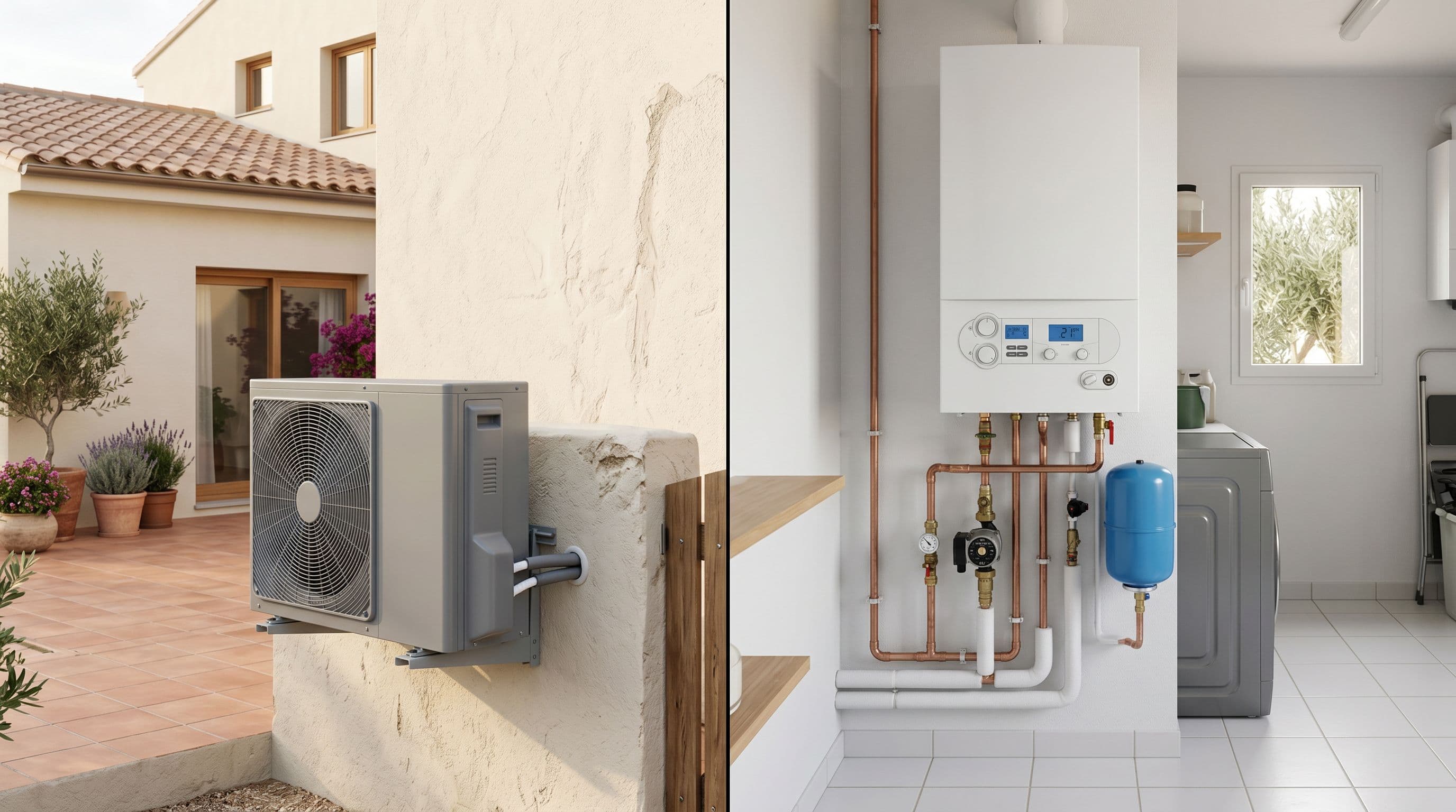 Comparación entre la unidad exterior de una aerotermia y una caldera de gas de condensación en una vivienda española.
