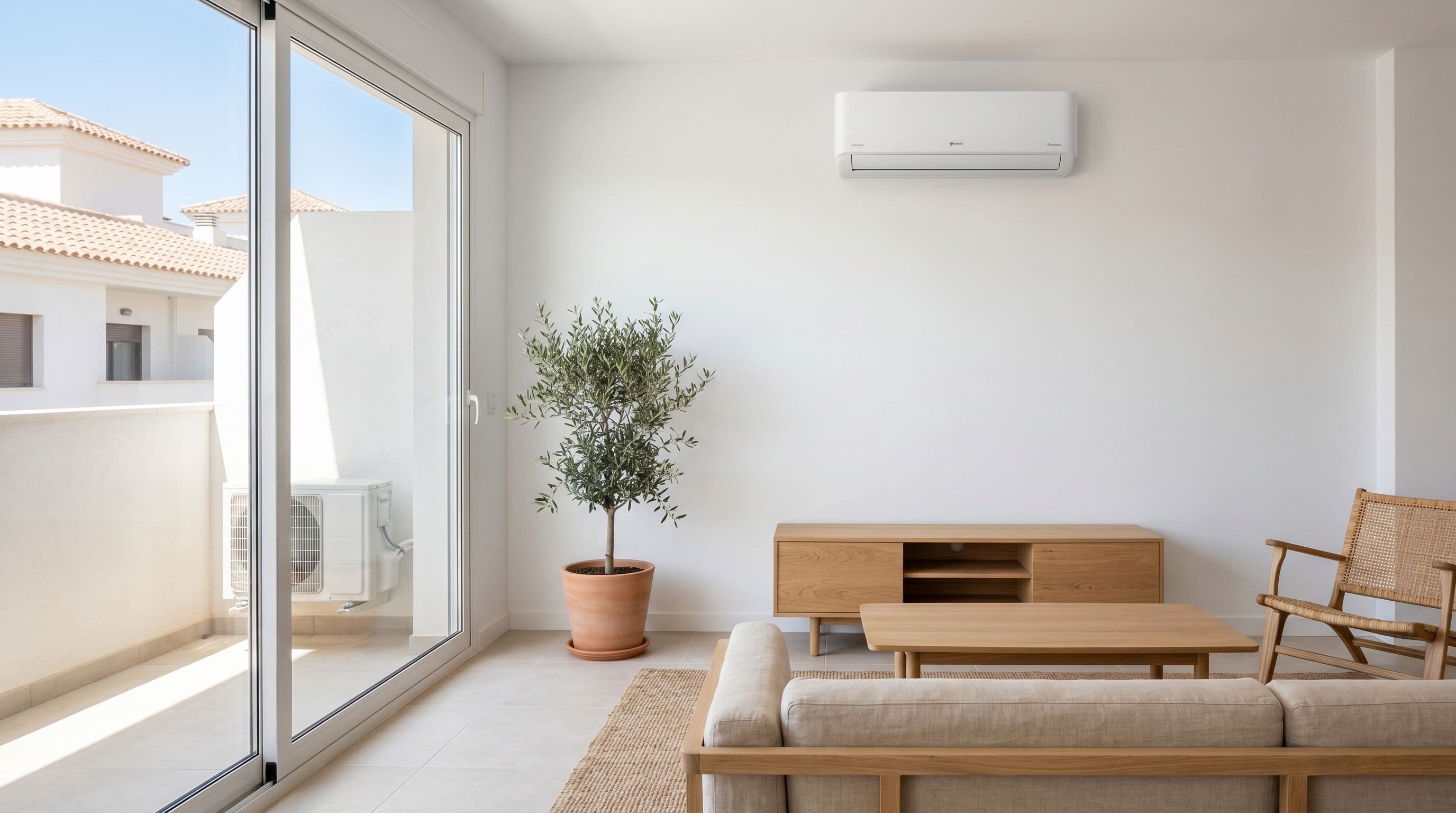 Unidad interior de split de aire acondicionado instalada en salón español moderno