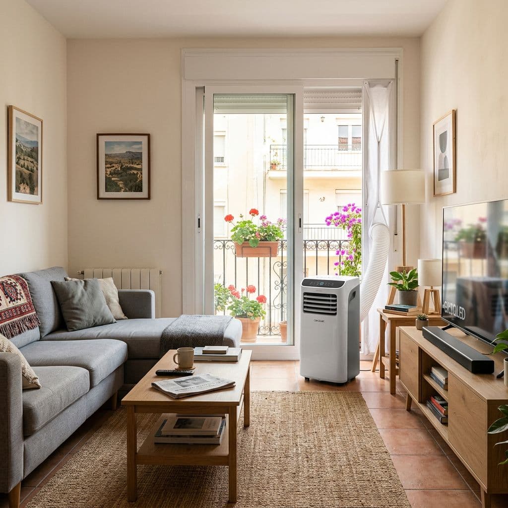 Aire acondicionado portátil de 9000 BTU correctamente ubicado en salón mediano español con kit de ventana hermético