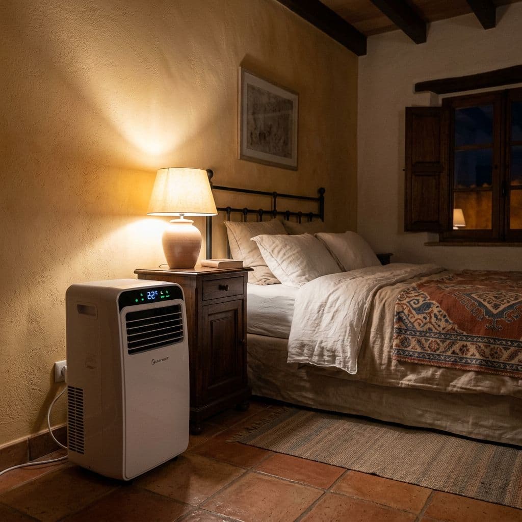 Aire acondicionado portátil silencioso en modo noche en dormitorio principal español con ambiente calmado para descanso óptimo