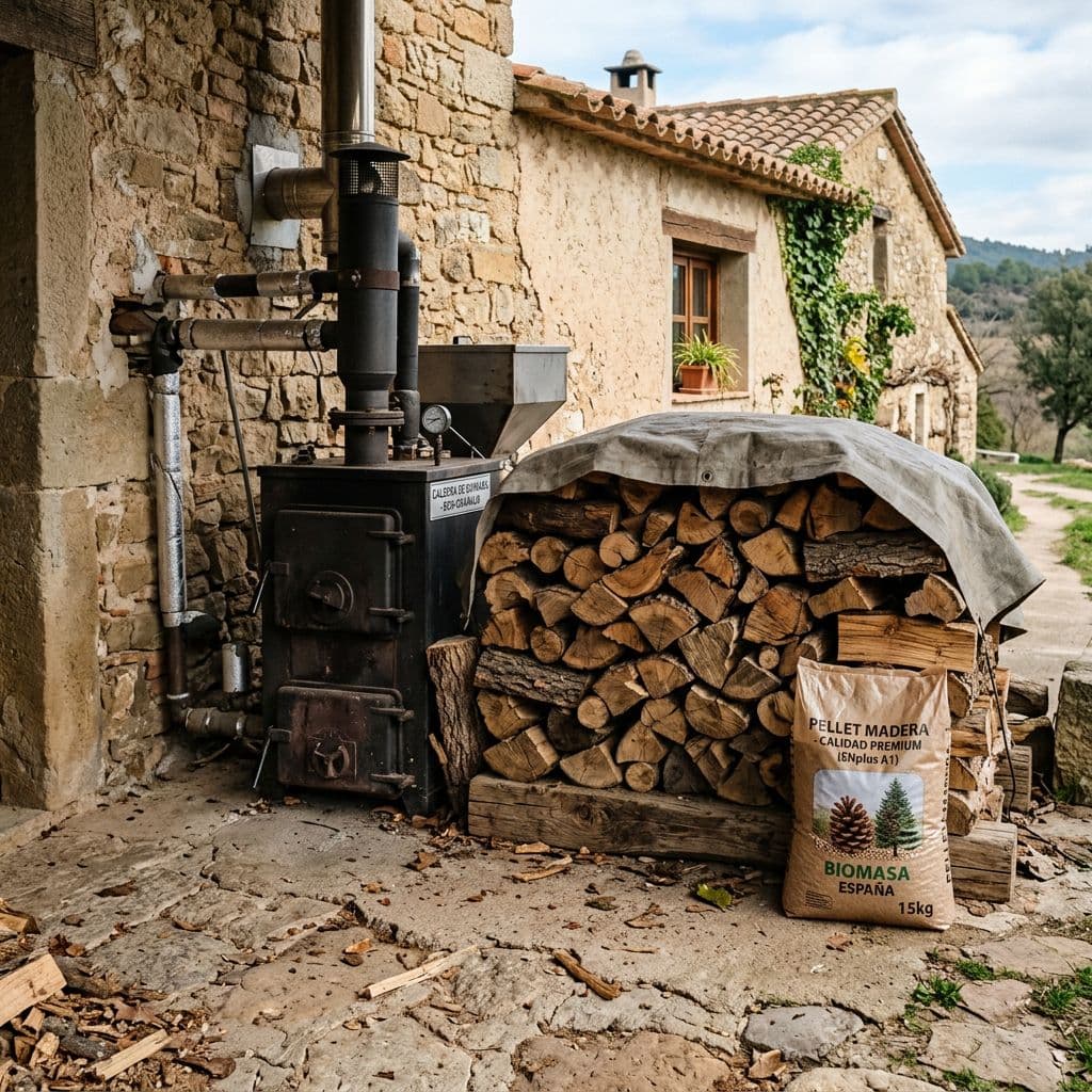 Leña y pellets junto a una caldera de biomasa en una vivienda rural con acceso propio al combustible