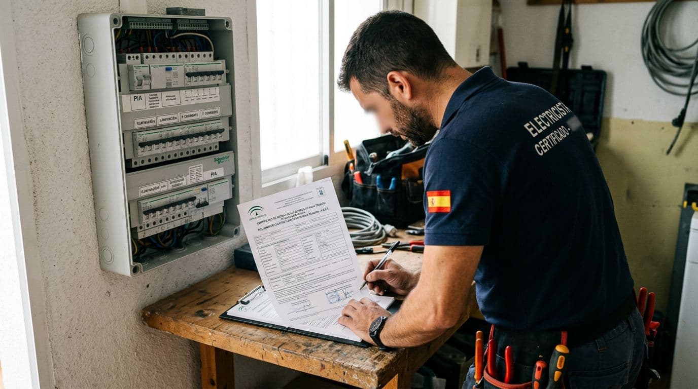 Electricista autorizado firmando el boletín eléctrico tras la inspección de una instalación