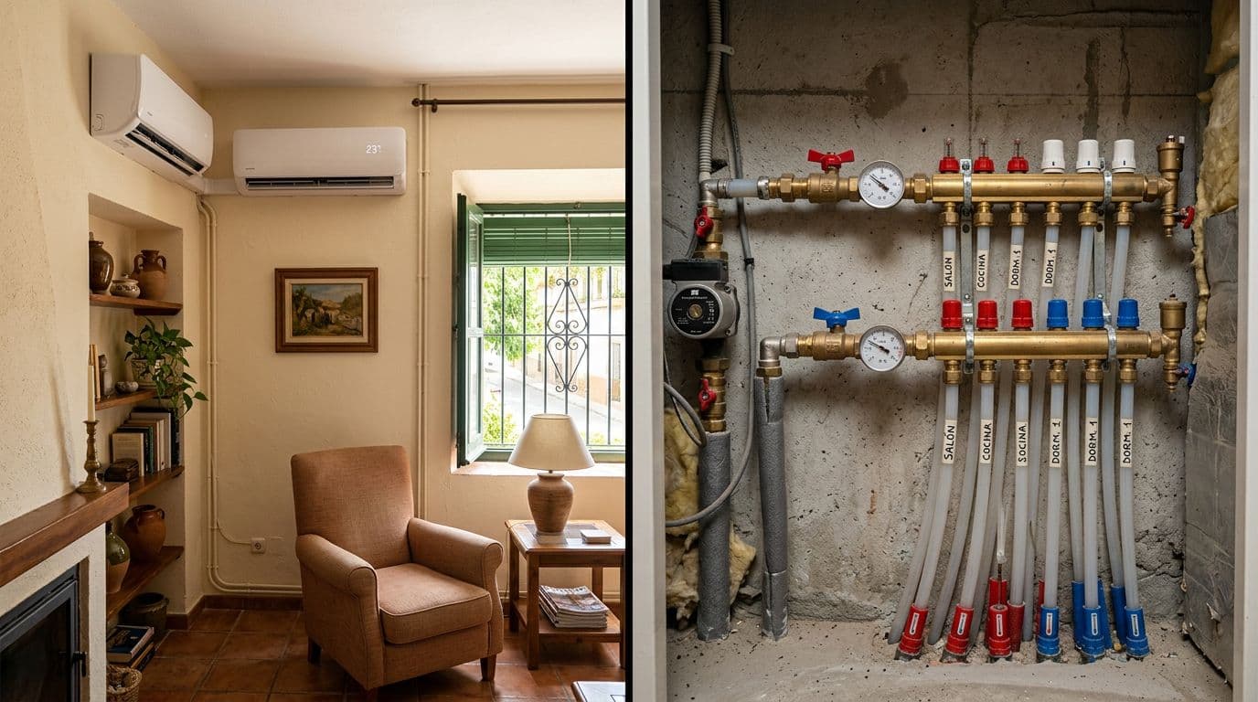 Comparación visual entre una bomba de calor aire-aire (split) y una bomba de calor aire-agua (aerotermia) con colector hidráulico.