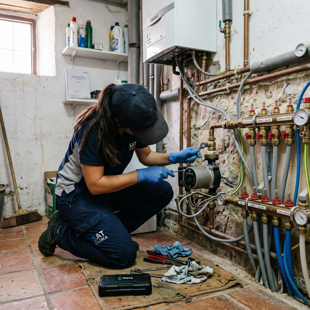 Técnico reparando la bomba de circulación de un sistema de suelo radiante