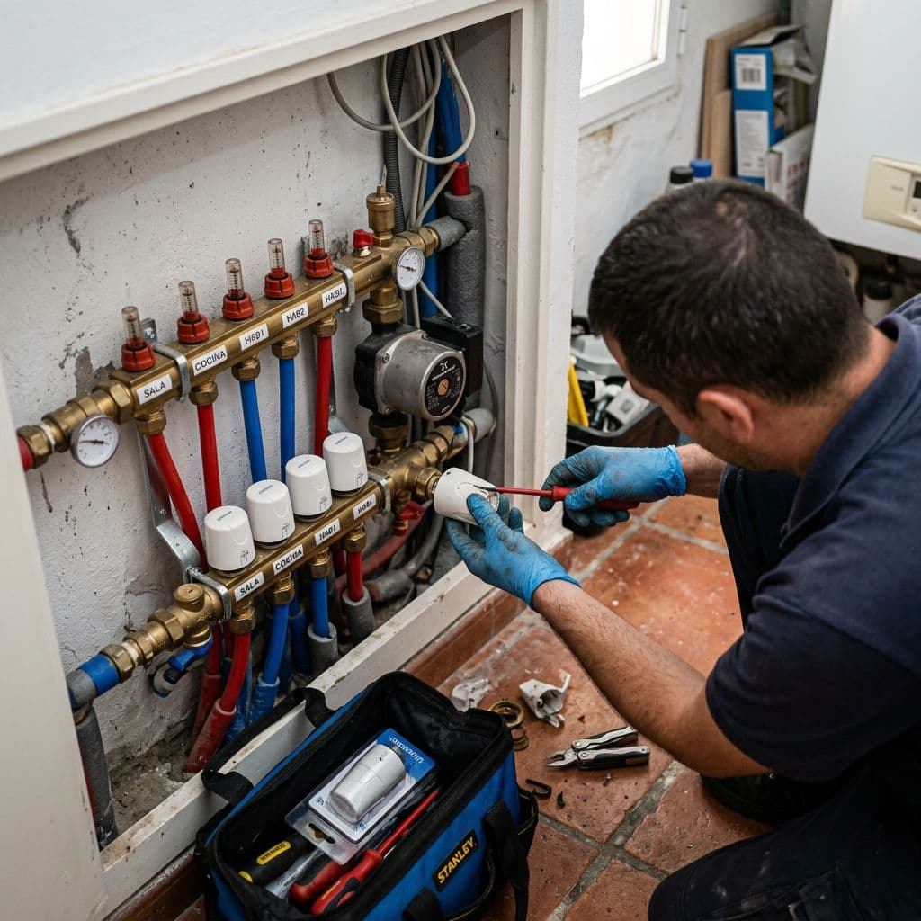 Técnico sustituyendo un cabezal termoeléctrico en el colector de suelo radiante