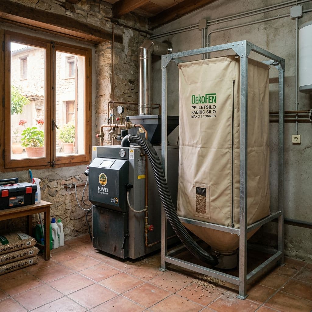 Caldera de biomasa con silo de pellets instalada en el cuarto técnico de una vivienda