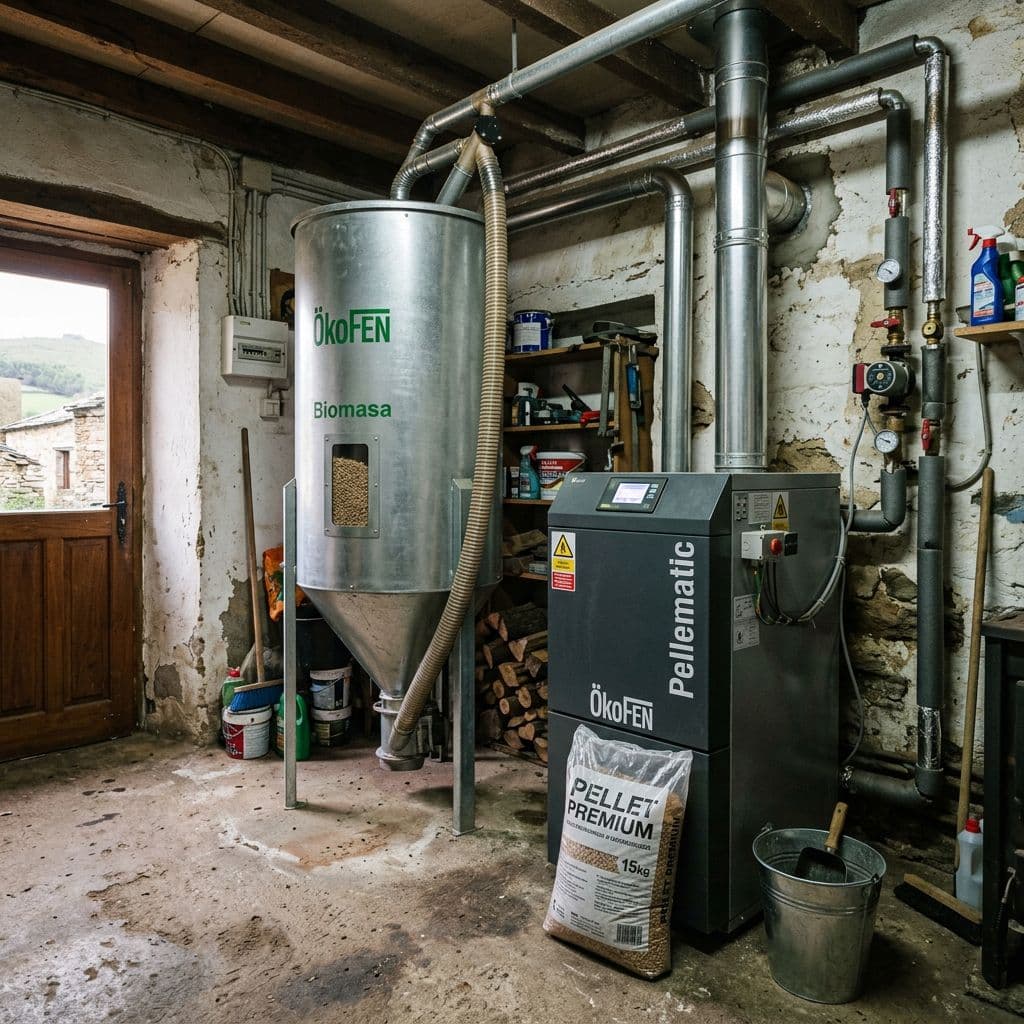 Caldera de biomasa con silo instalada en una vivienda rural con acceso a pellets