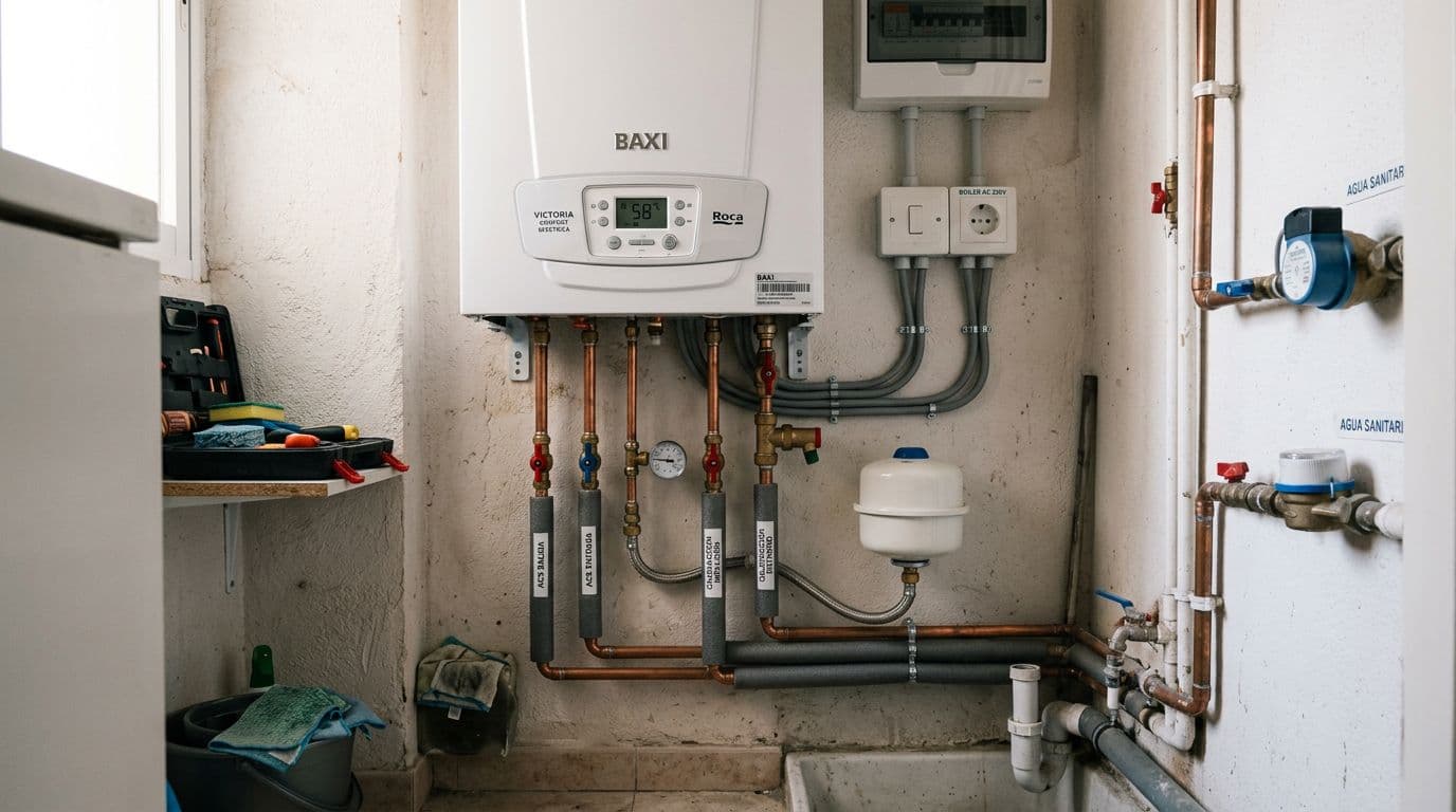 Caldera eléctrica compacta instalada en el cuarto técnico de una vivienda, sin salida de humos