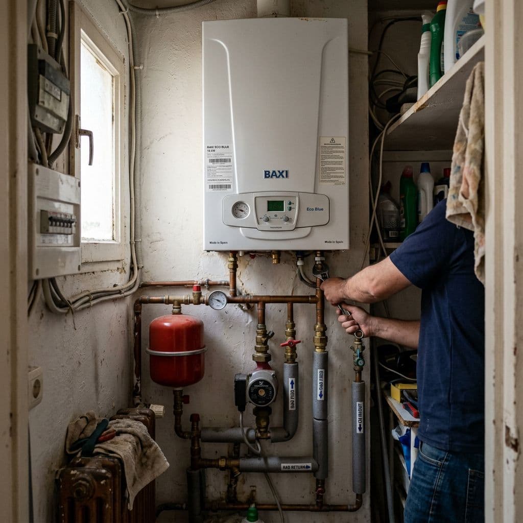 Caldera eléctrica compacta instalada en el armario técnico de un piso pequeño sin gas natural