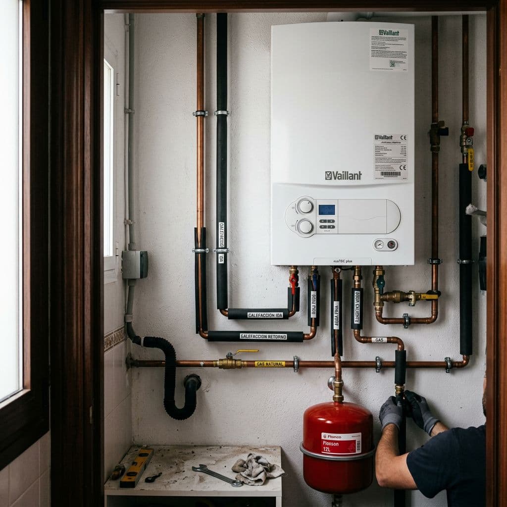 Caldera de gas de condensación instalada en el armario técnico de una vivienda española