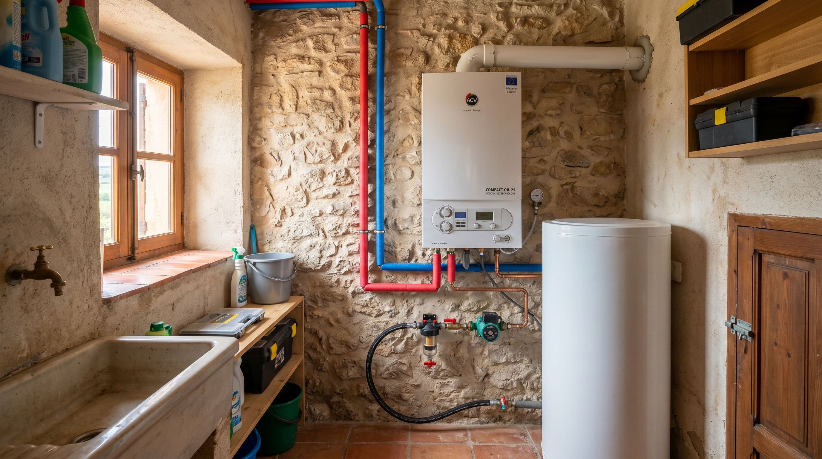 Caldera de gasoil de condensación instalada en una vivienda rural española