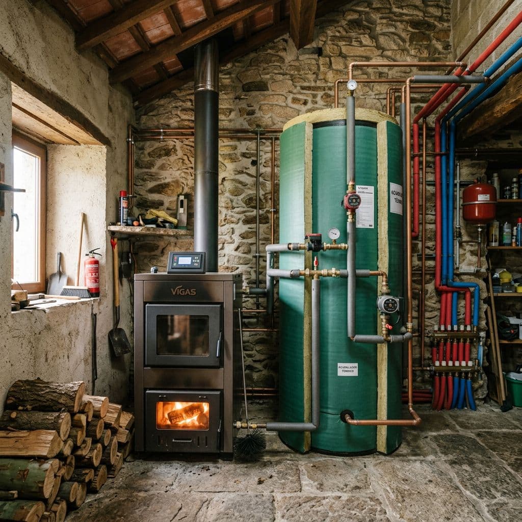 Caldera de leña instalada junto a un acumulador de inercia en una vivienda rural española