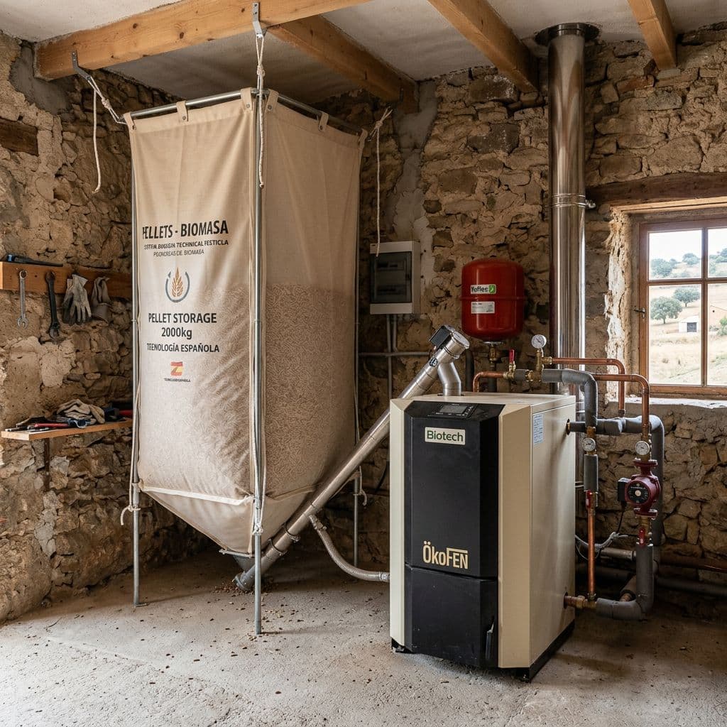 Caldera de pellets con silo instalada en una vivienda rural sin conexión de gas natural