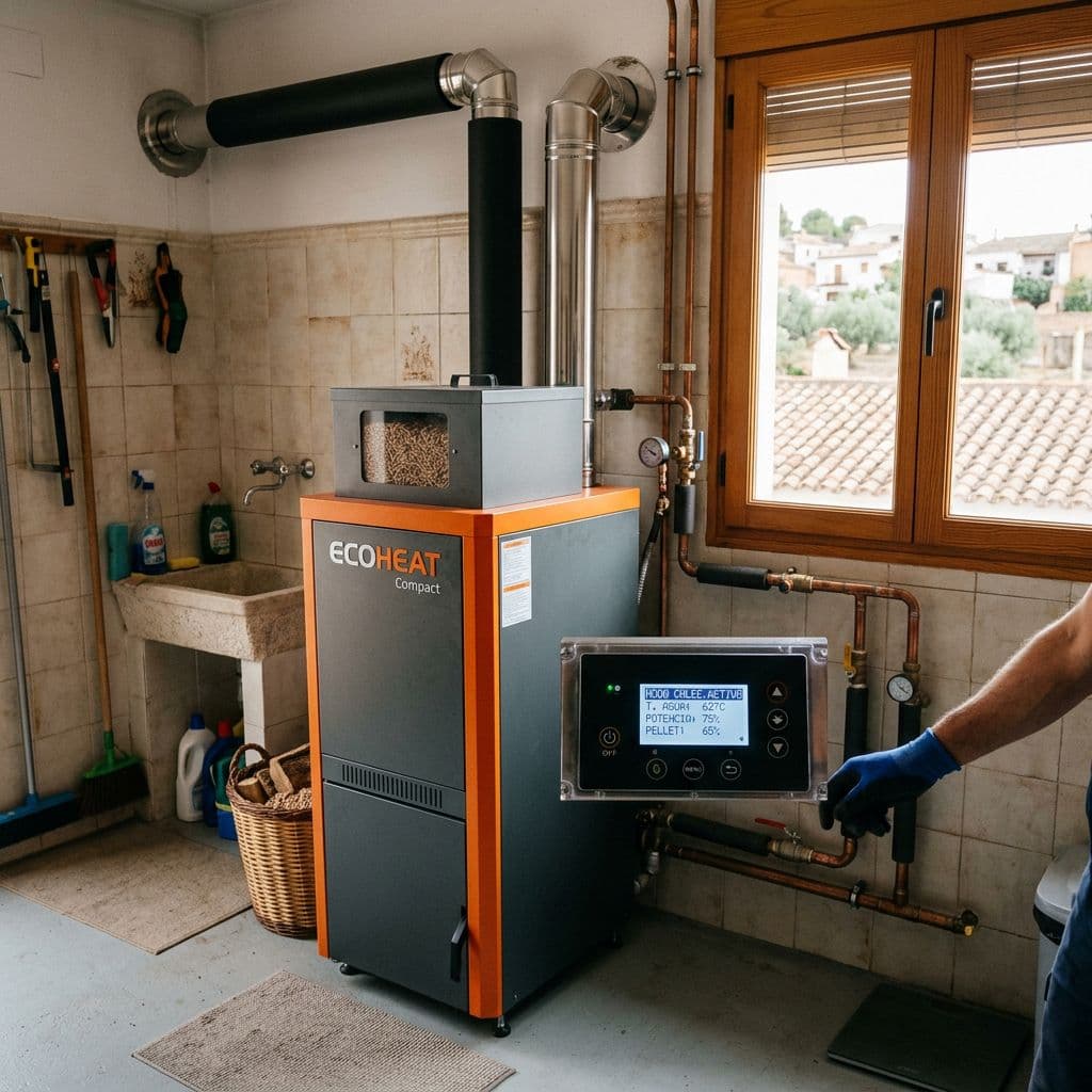 Caldera de pellets compacta con tolva integrada en un cuarto técnico de vivienda