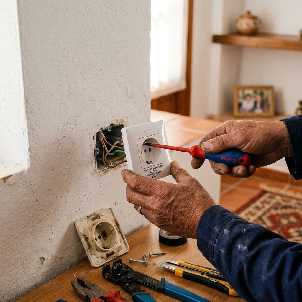 Electricista cambiando un enchufe de pared en una vivienda