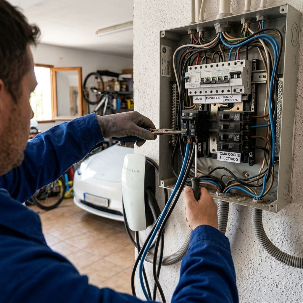 Electricista añadiendo un circuito dedicado para cargador de coche eléctrico