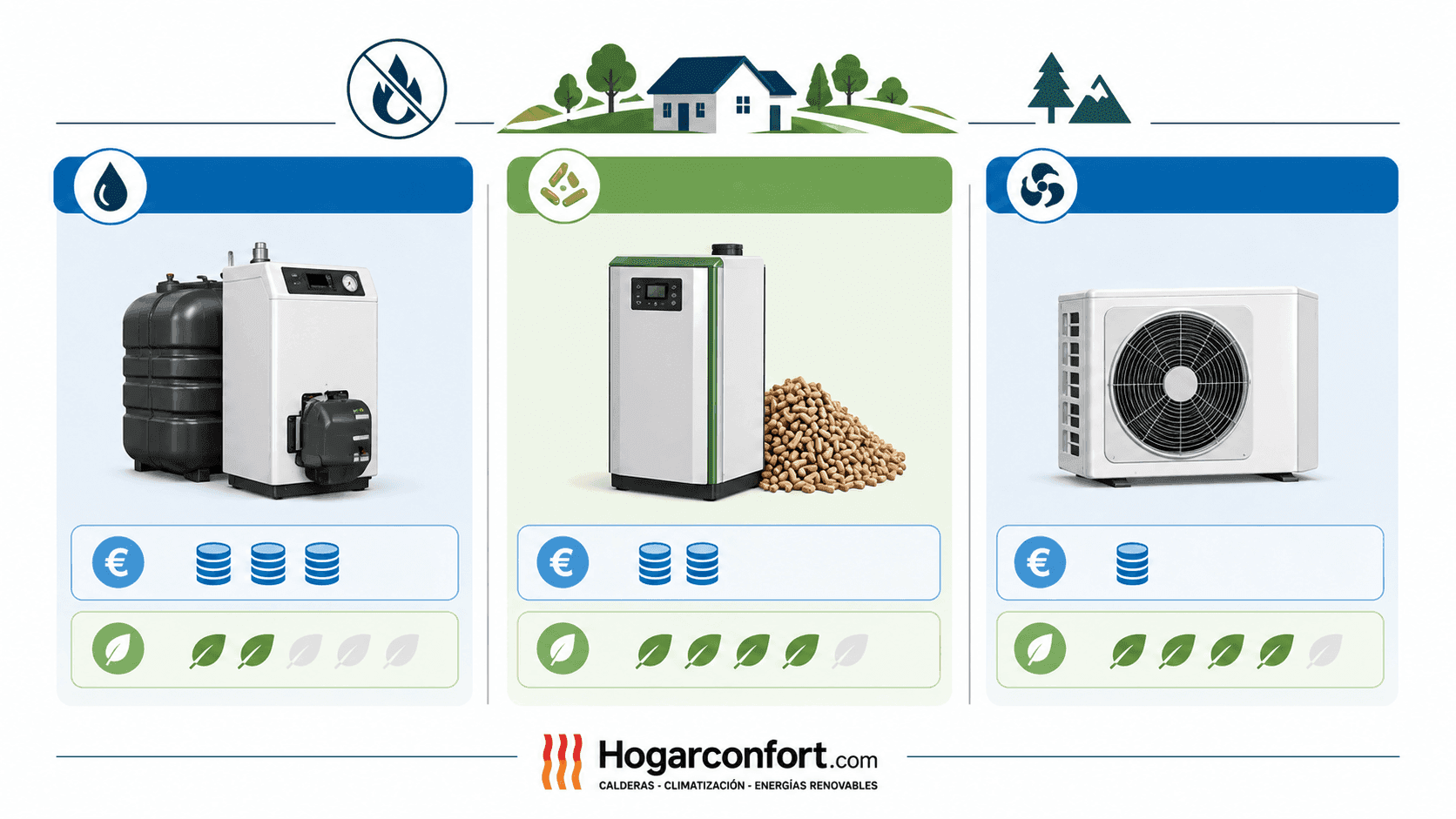 Comparativa visual entre caldera de gasoil, caldera de pellets y bomba de calor aerotérmica para viviendas sin red de gas