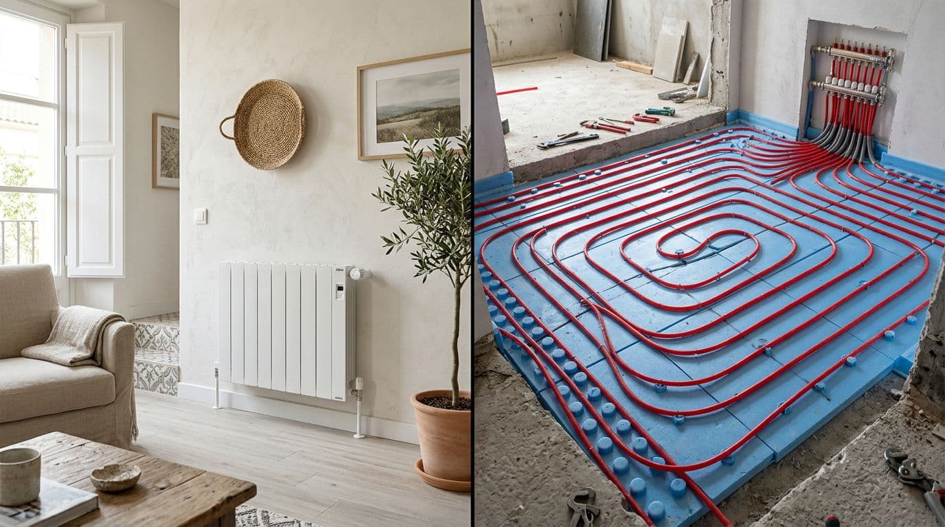 Comparación visual entre un radiador de pared y un sistema de suelo radiante bajo el pavimento.