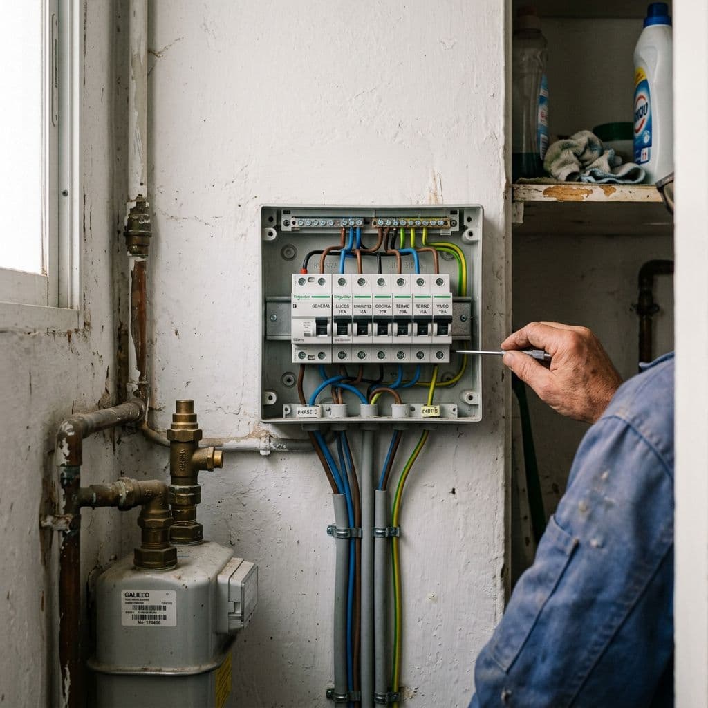 Cuadro eléctrico básico con automáticos instalado en un piso pequeño