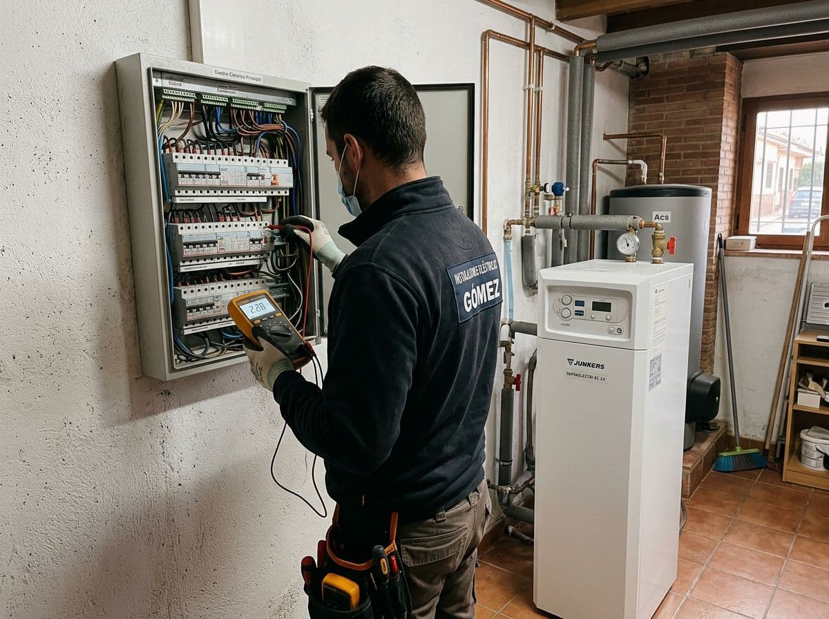 Comprobación del cuadro eléctrico junto a una caldera eléctrica recién instalada