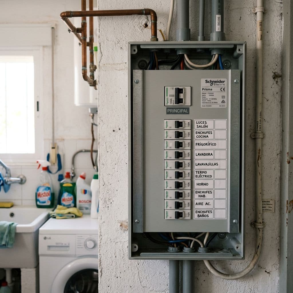 Cuadro eléctrico completo con circuitos etiquetados en una vivienda estándar