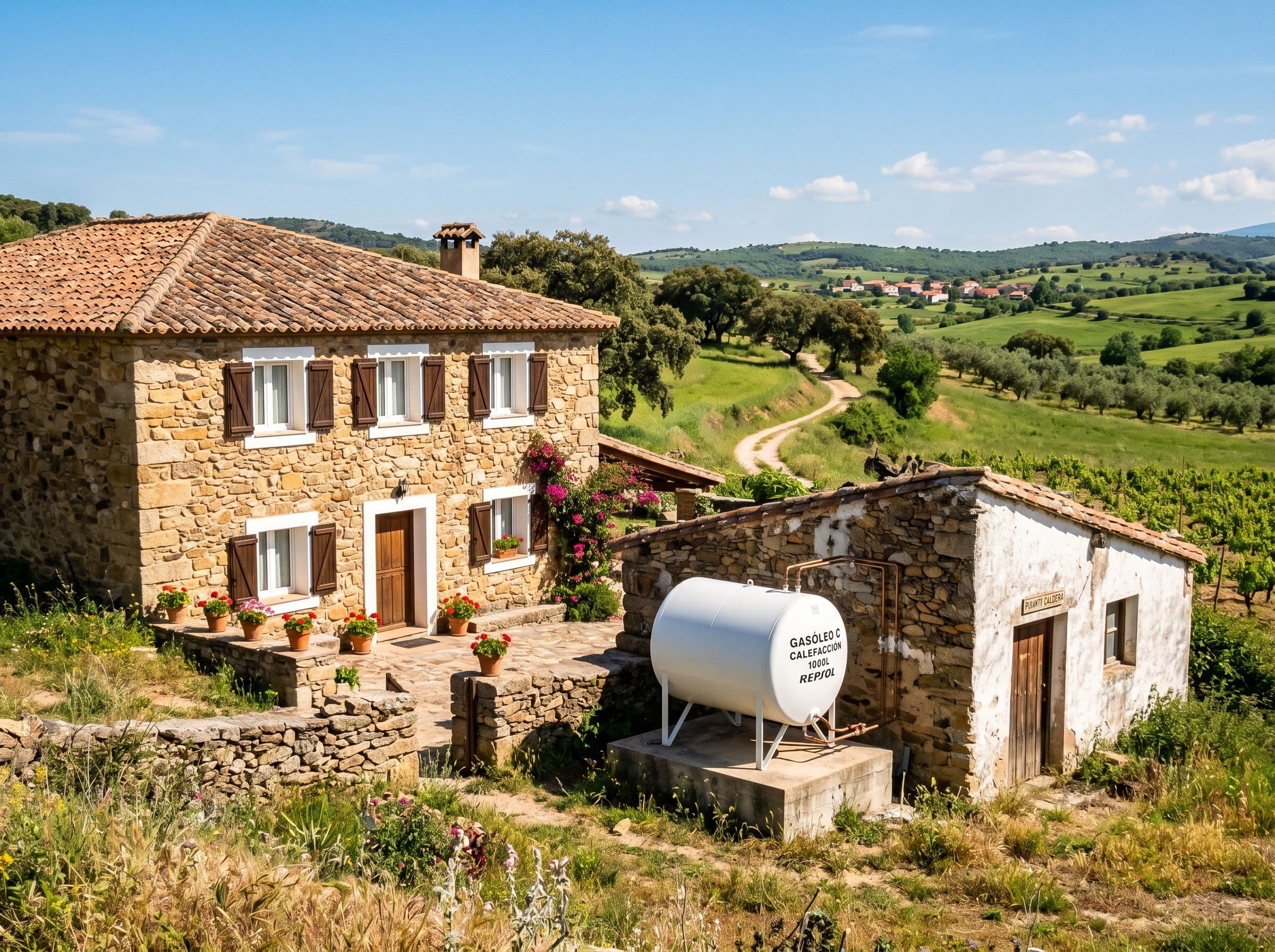 Depósito de gasoil aéreo junto a una vivienda rural española con calefacción por gasoil