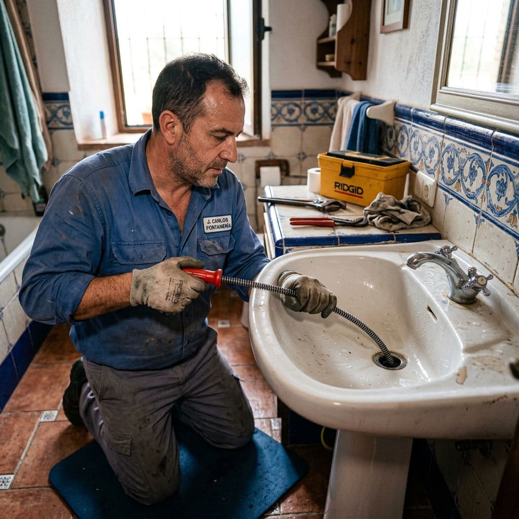 Fontanero desatascando el desagüe de un lavabo con máquina de muelle