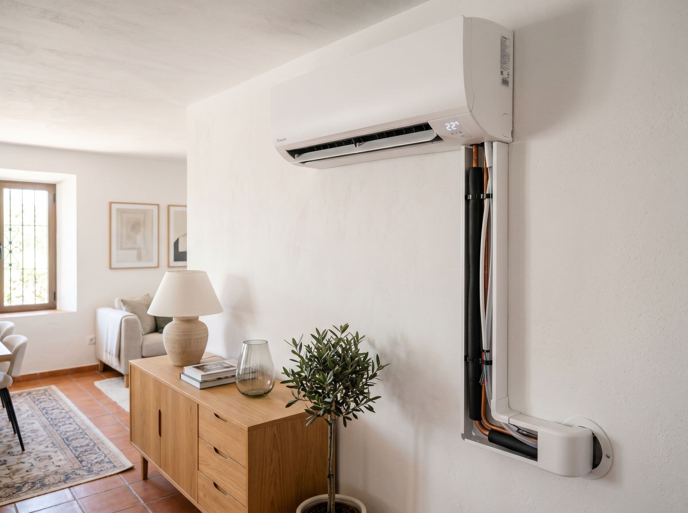 Detalle de instalación profesional de aire acondicionado split: unidad interior, canaleta y tubería de refrigerante en cobre