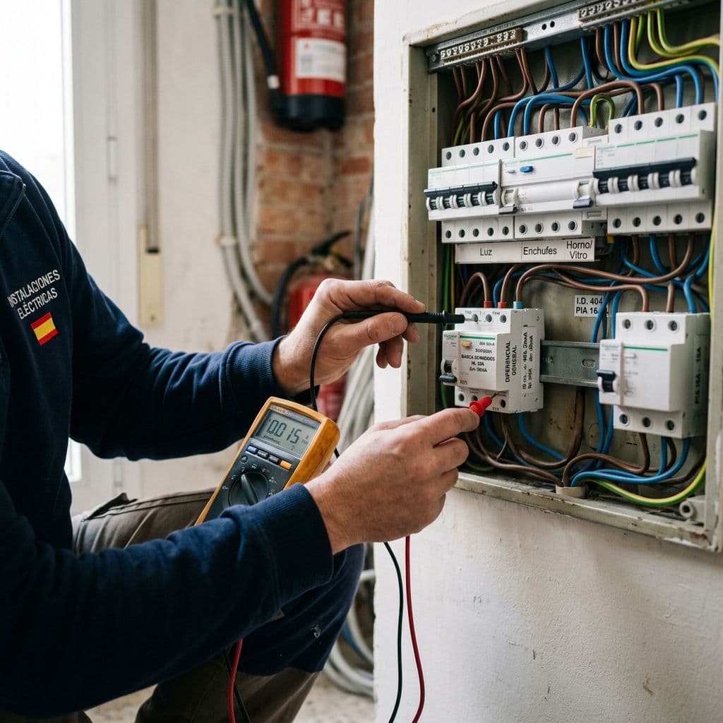 Electricista diagnosticando un diferencial que salta con un multímetro