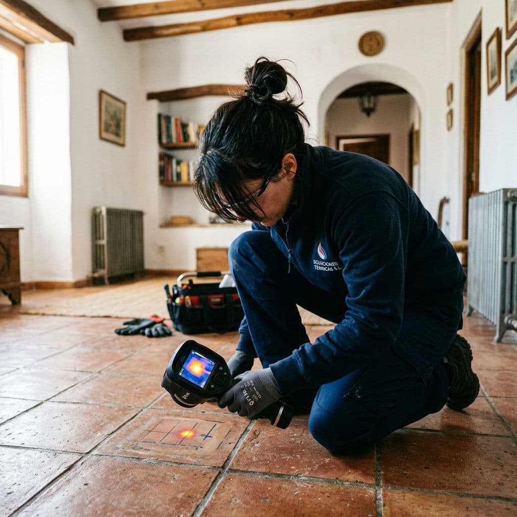 Técnico localizando una fuga de suelo radiante con cámara termográfica