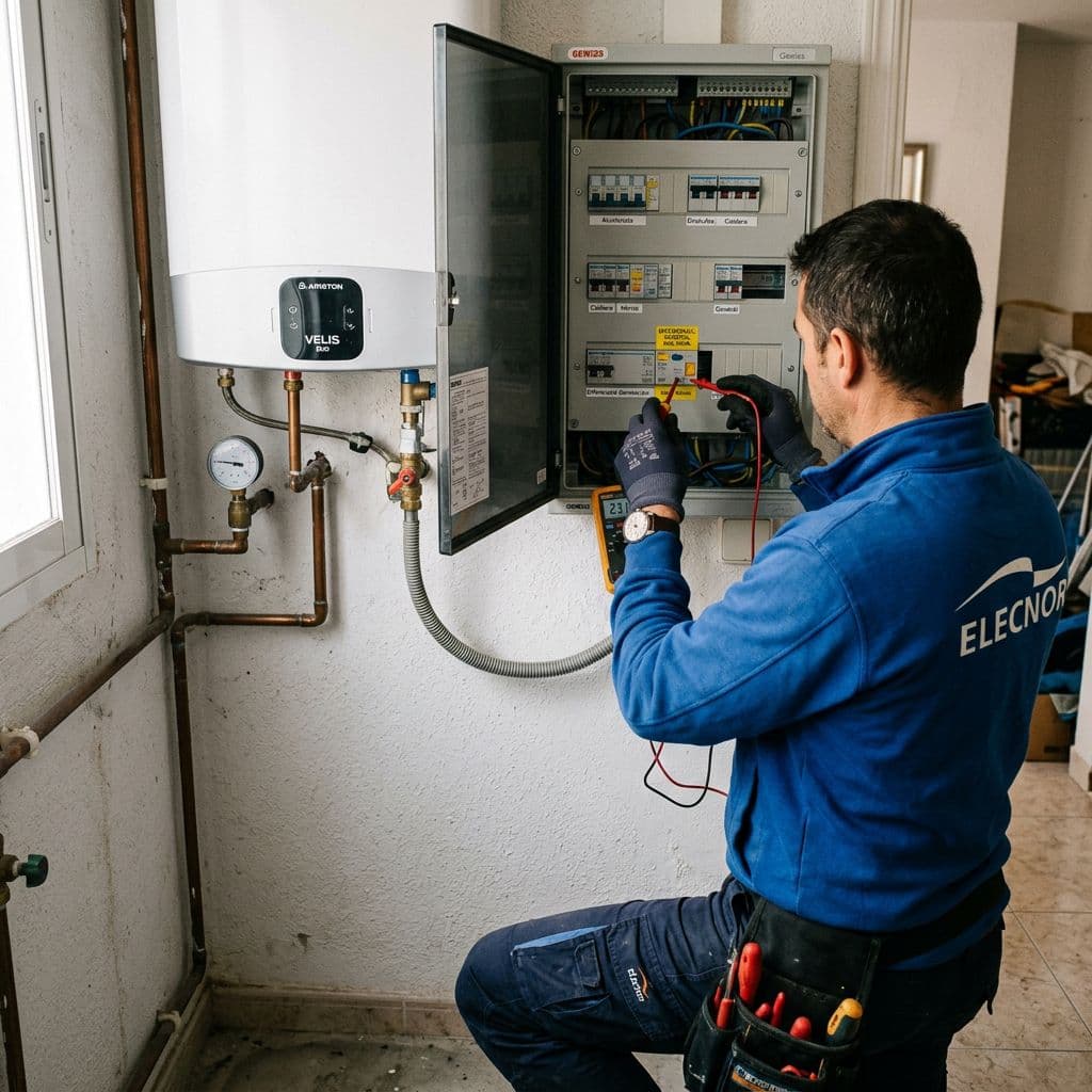 Electricista revisando un diferencial disparado junto a una caldera eléctrica recién instalada