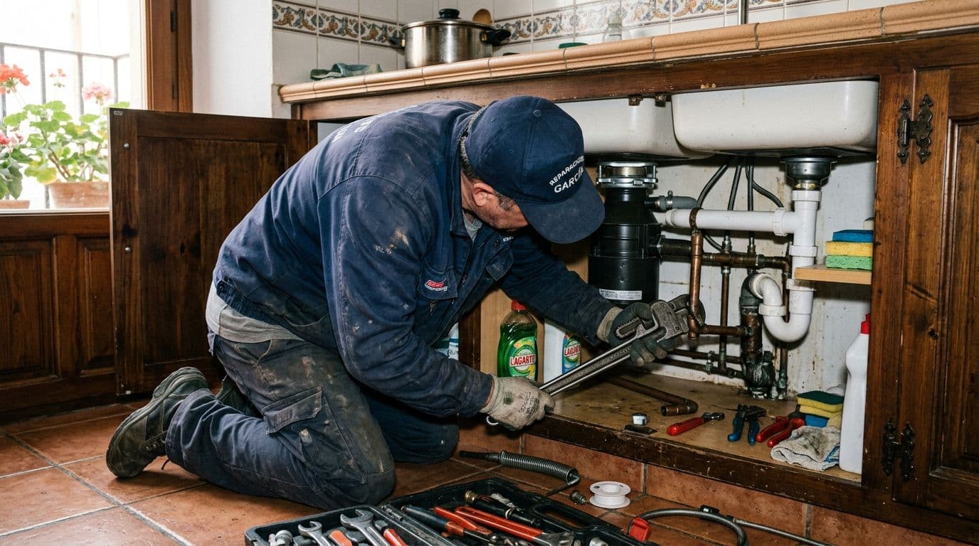 Fontanero profesional reparando la fontanería bajo un fregadero en una vivienda española