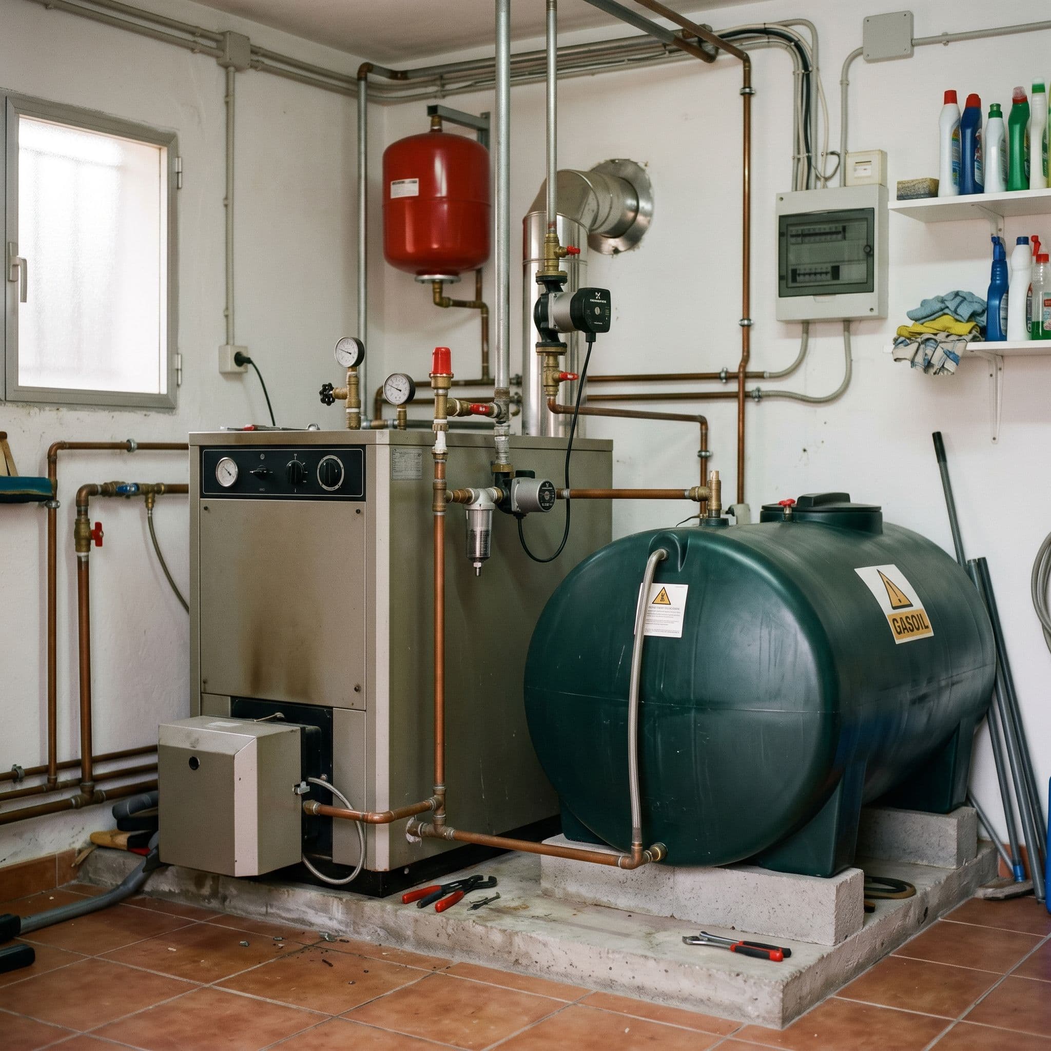 Caldera de pie de gasoil instalada junto a su depósito de combustible en una vivienda