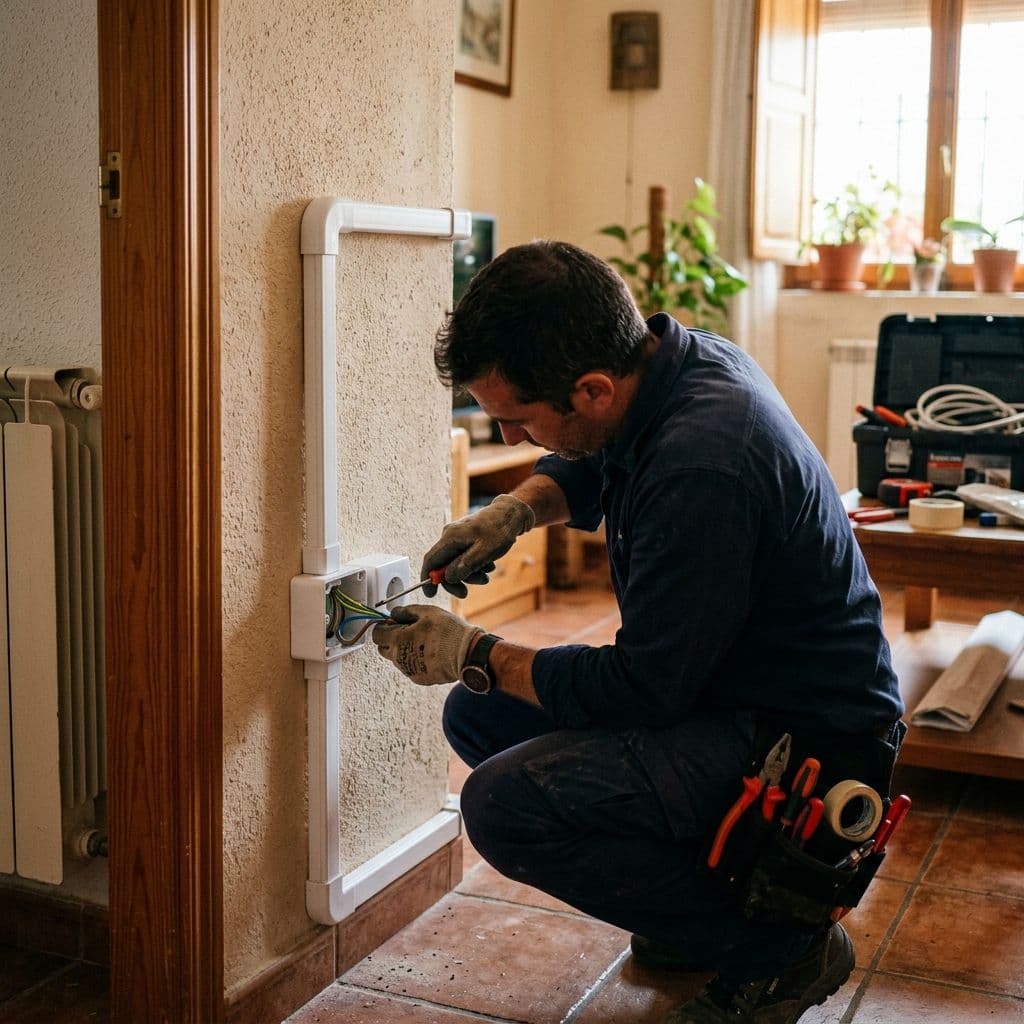 Instalación de enchufe nuevo con canaleta de superficie sobre la pared