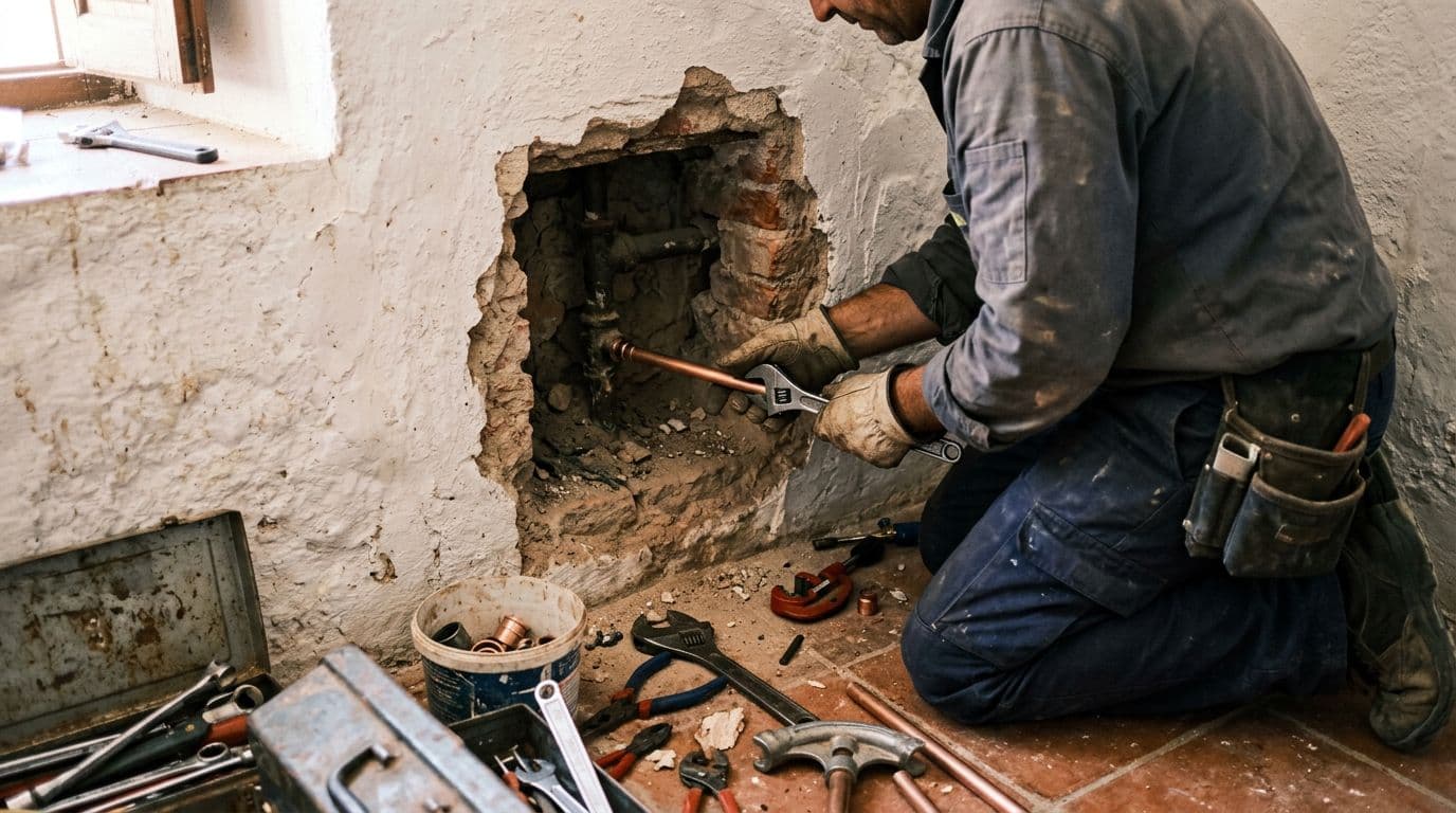 Fontanero instalando un punto de agua nuevo en la pared de una vivienda