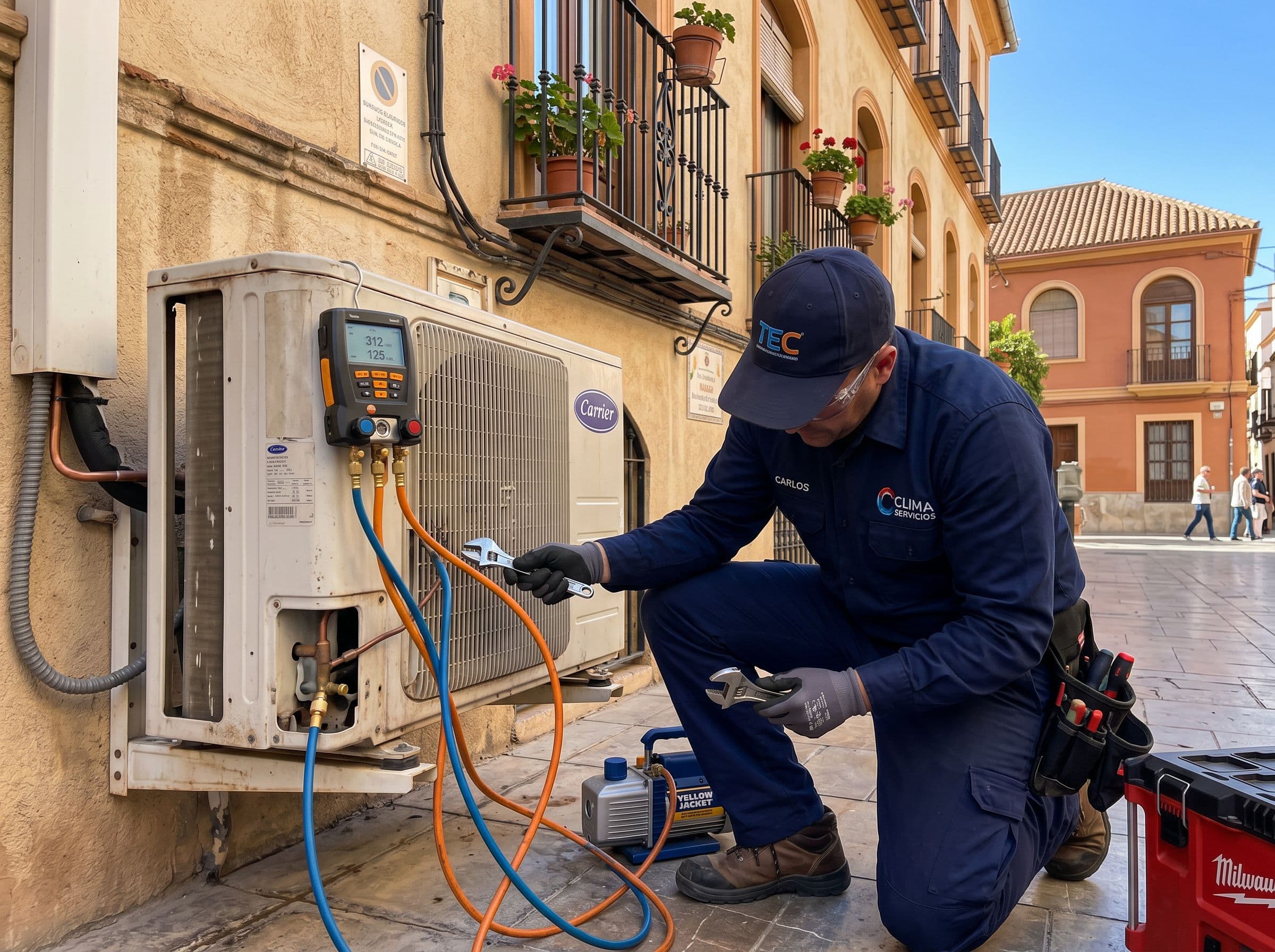 Instalador certificado en gases fluorados comprobando la presión del gas refrigerante durante la instalación de un aire acondicionado