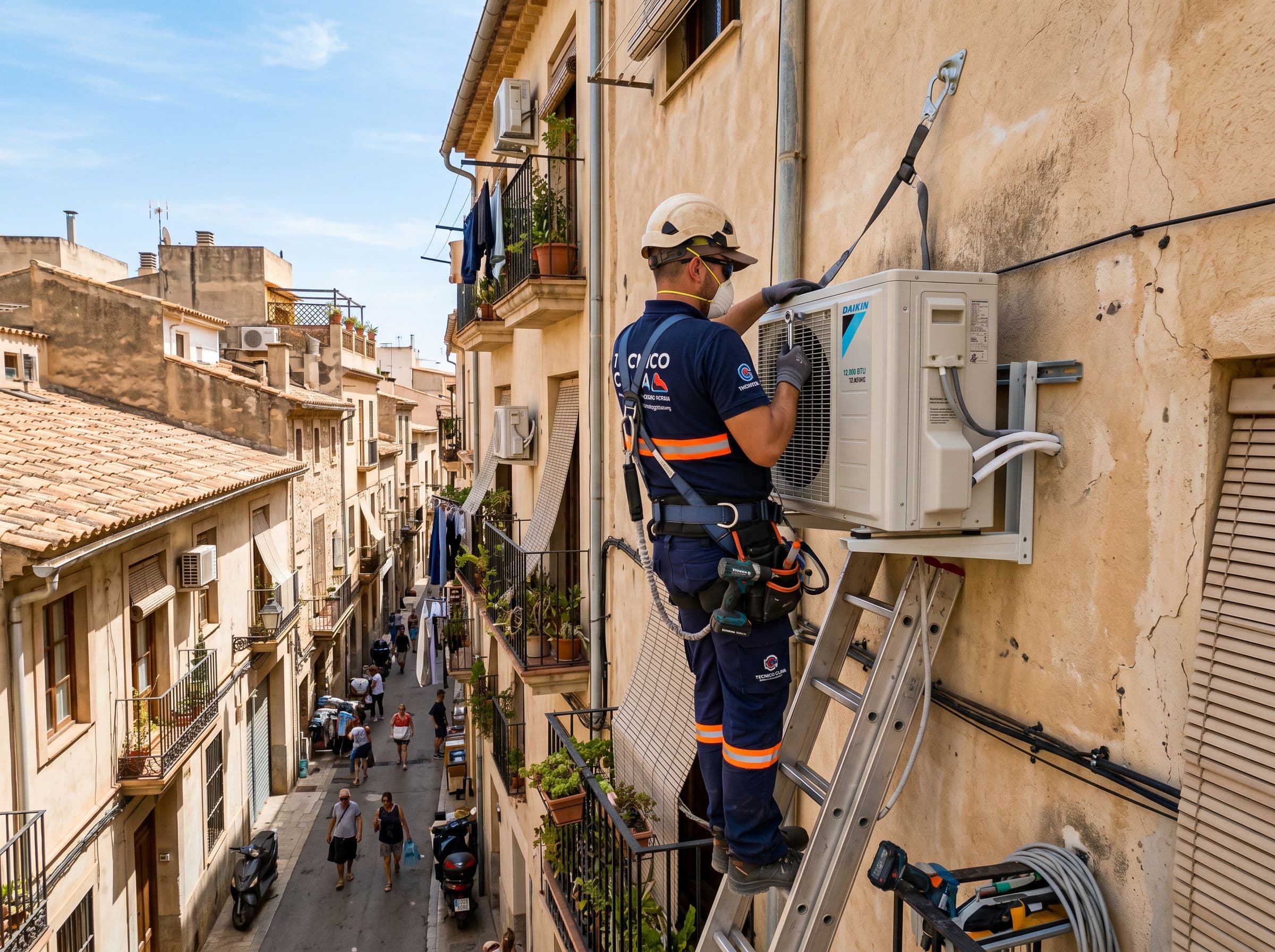 Instalador de aire acondicionado fijando la unidad exterior de un split en fachada de un edificio