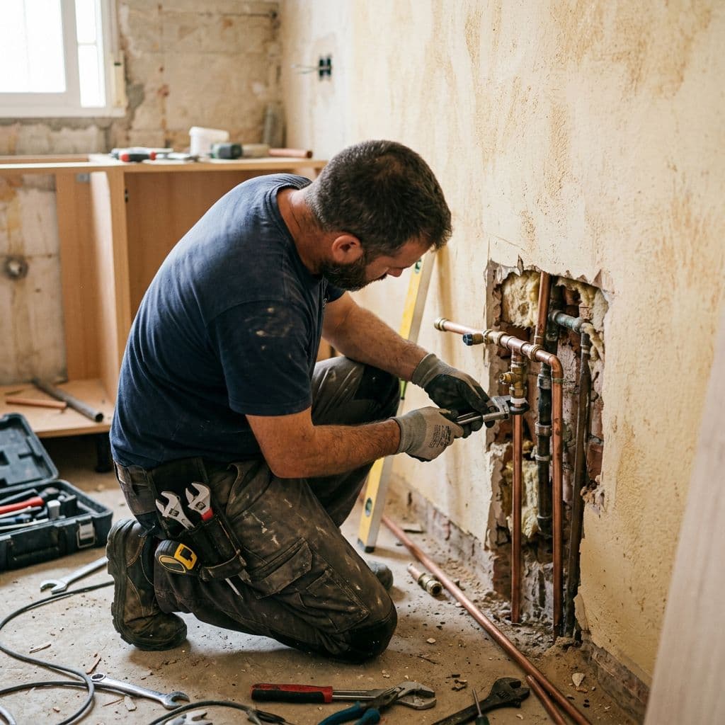 Fontanero instalando un nuevo punto de agua en una vivienda en reforma