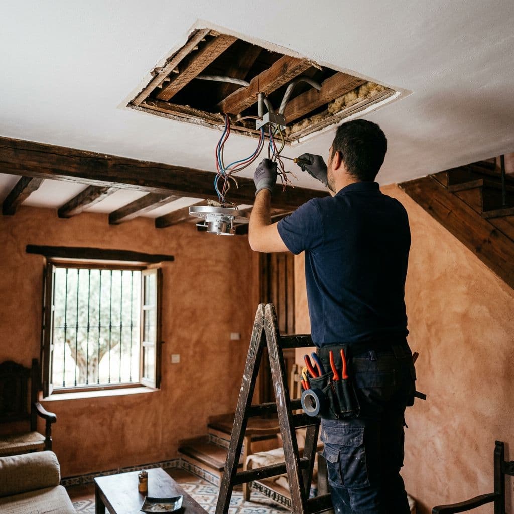 Electricista instalando un nuevo punto de luz en el techo de una vivienda
