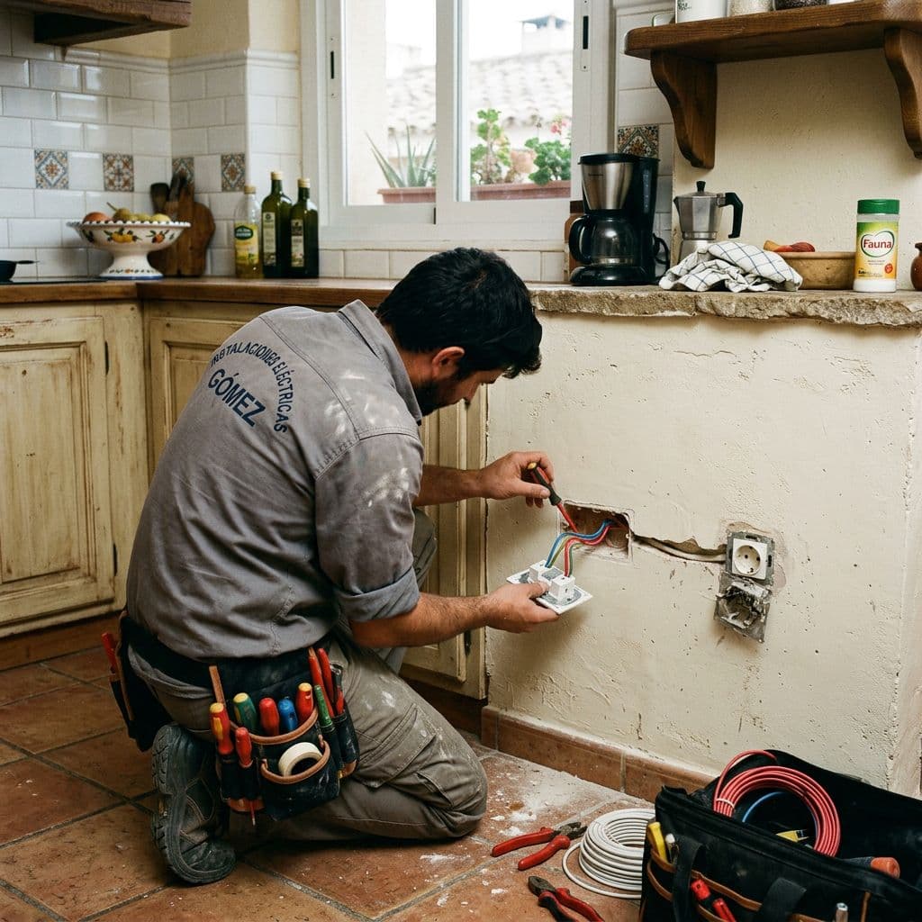 Electricista moviendo un enchufe de sitio en una cocina española