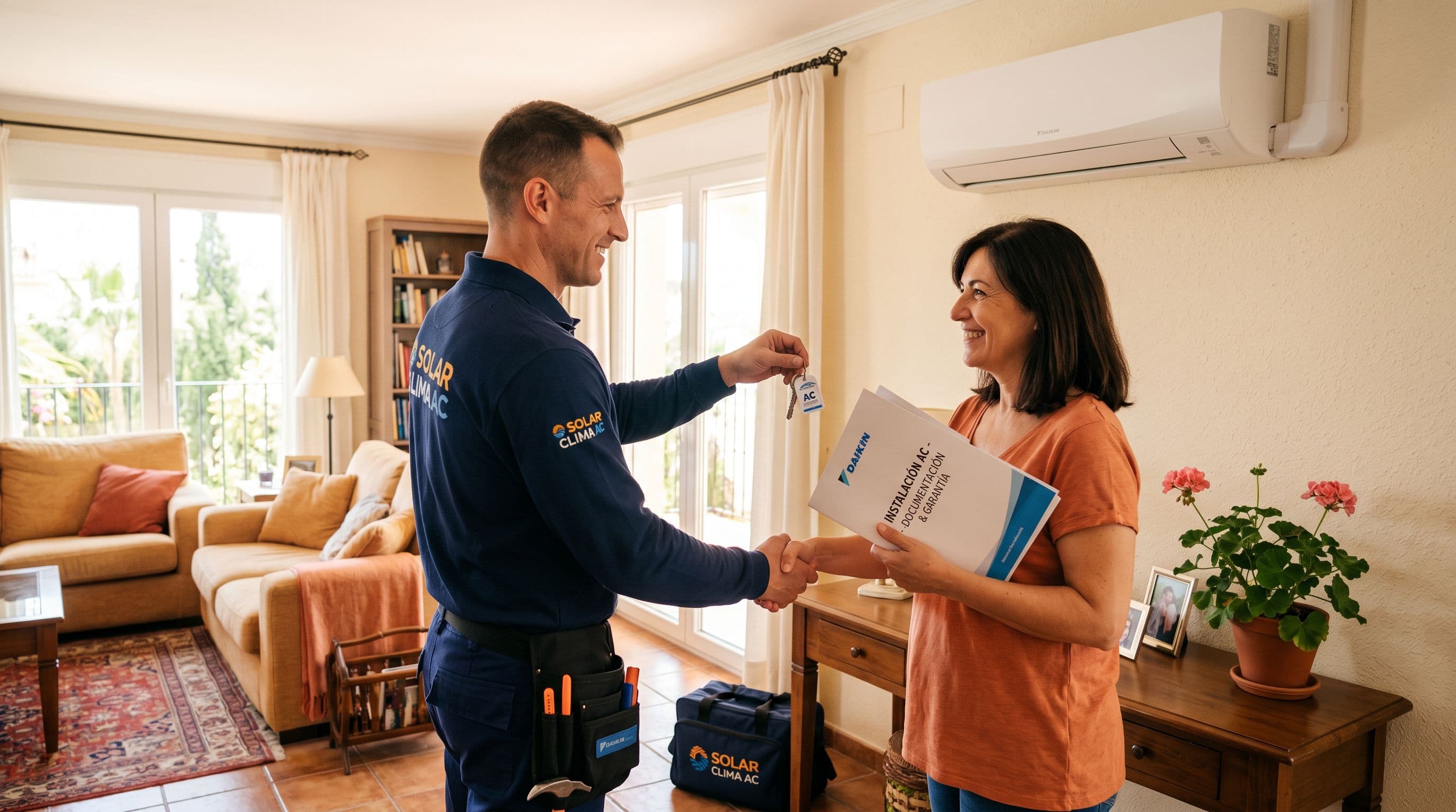 Instalador entregando documentación al propietario tras completar la instalación de un aire acondicionado con servicio todo incluido