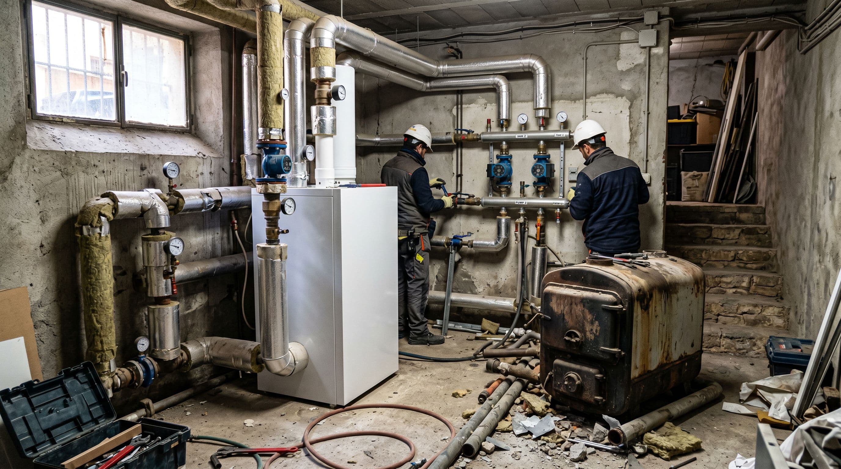 Sala de calderas comunitaria de un edificio español durante la sustitución de la caldera central por una de gas de condensación